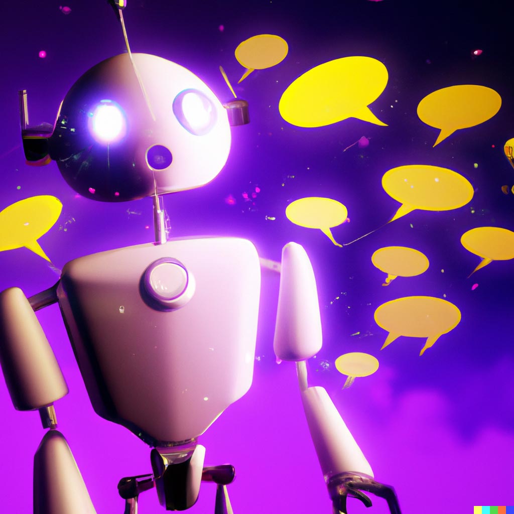 DALL·E prompt: Comic chat bubbles floating above a humanoid robot looking up at them, purple and yellow lighting